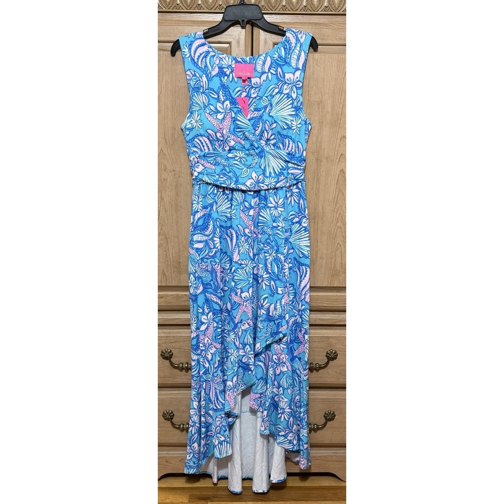 Lilly Pulitzer Moana Wrap Maxi Dress Amalfi Blue Sound The Siren Shell Sz M NWT